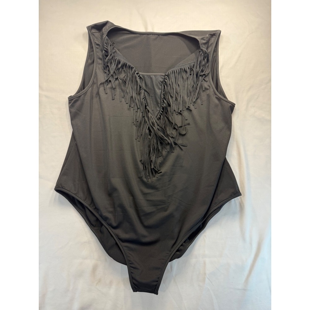 Womens Black Fringe V-Neck Sleeveless Bodysuit Western Boho Festival Top L